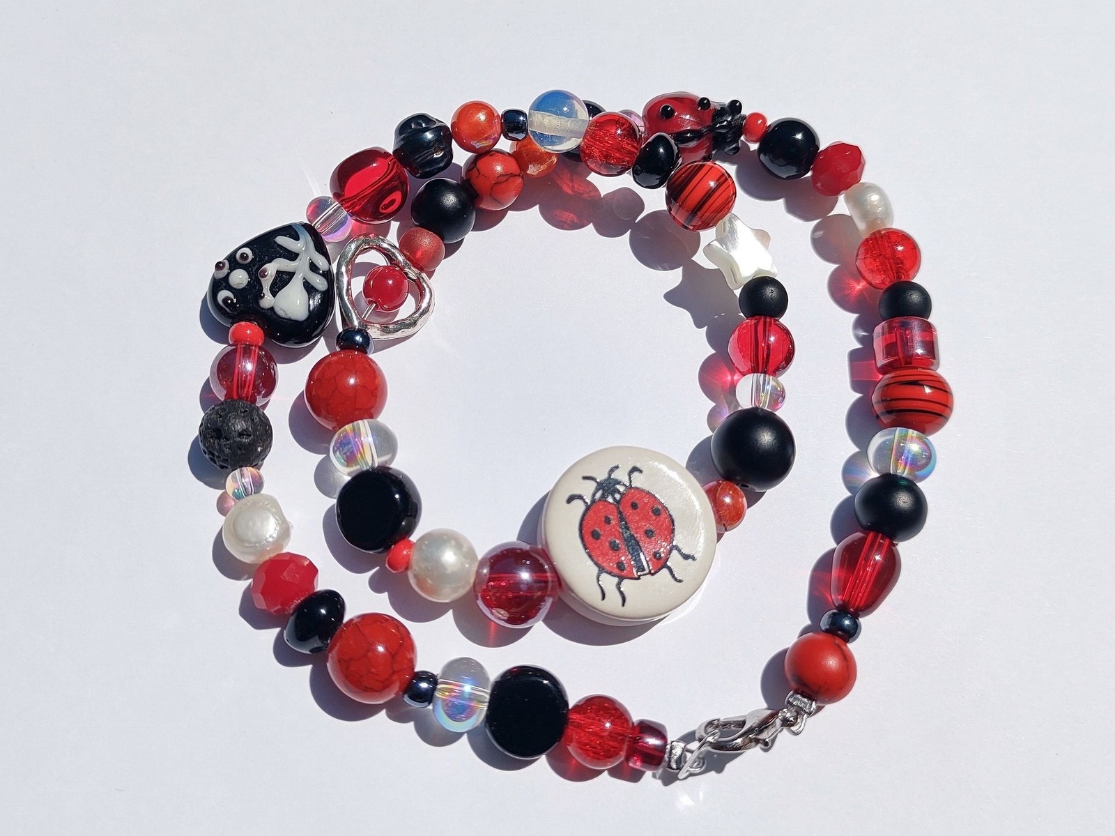 Red and Black Ladybug Ceramic and Glass Bead Handmade Necklace