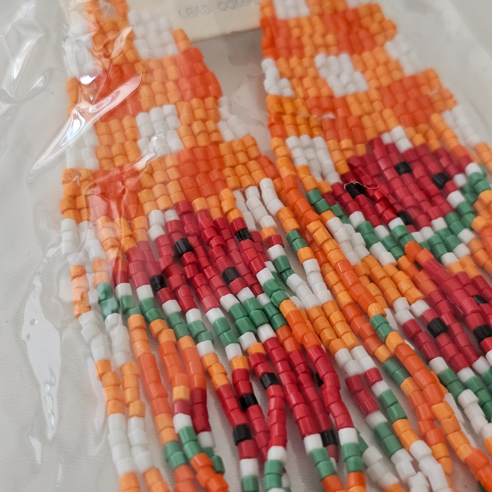 Boho Chic Orange Earrings Watermelon Fruit Dangle Drop Fringe Bead Beaded 5″ NEW