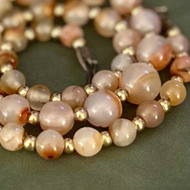Cherry Blossom Agate Hand Made Beaded Necklace with Gold-Toned Spacers 18”