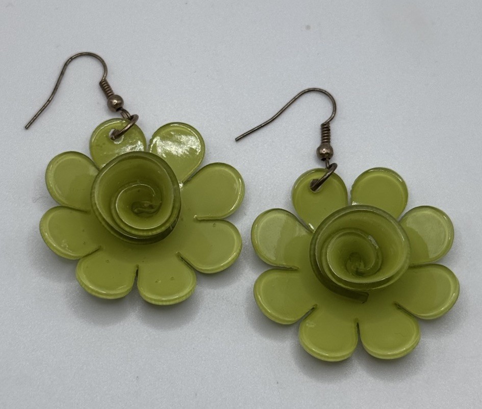 Lime Green Floral Statement Necklace Earrings Set Chunky Flower Artsy Funky Fun