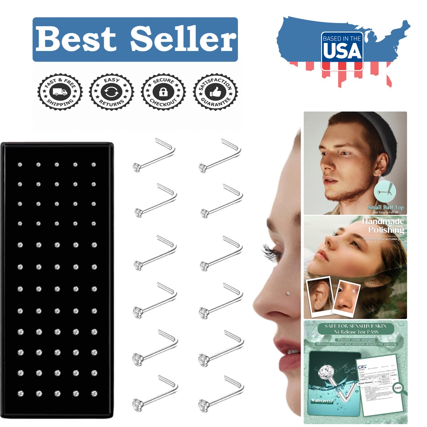 Versatile 60pcs Stainless Steel Nose Stud Rings – 1.5mm to 2.5mm for Daily Wear