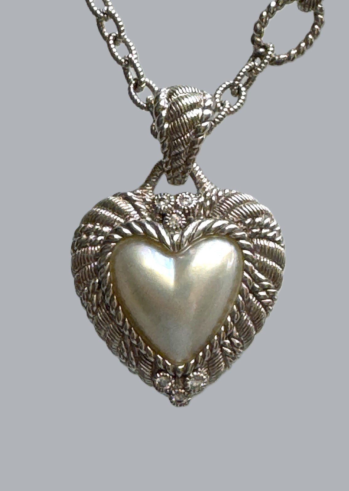 Judith Ripka 925 Sterling Silver MOP Heart Pendant & Station Chain Necklace