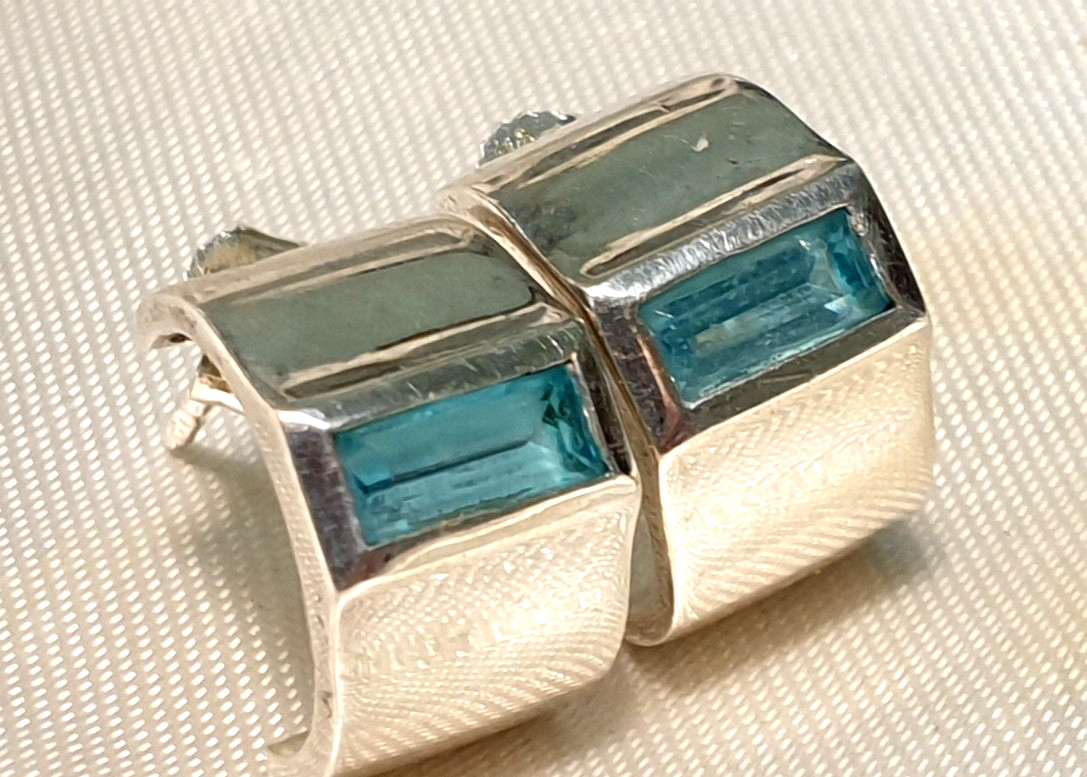 925 Sterling Silver Half Hoop Earrings with Blue Topaz Master Hallmark Crown Hallmark