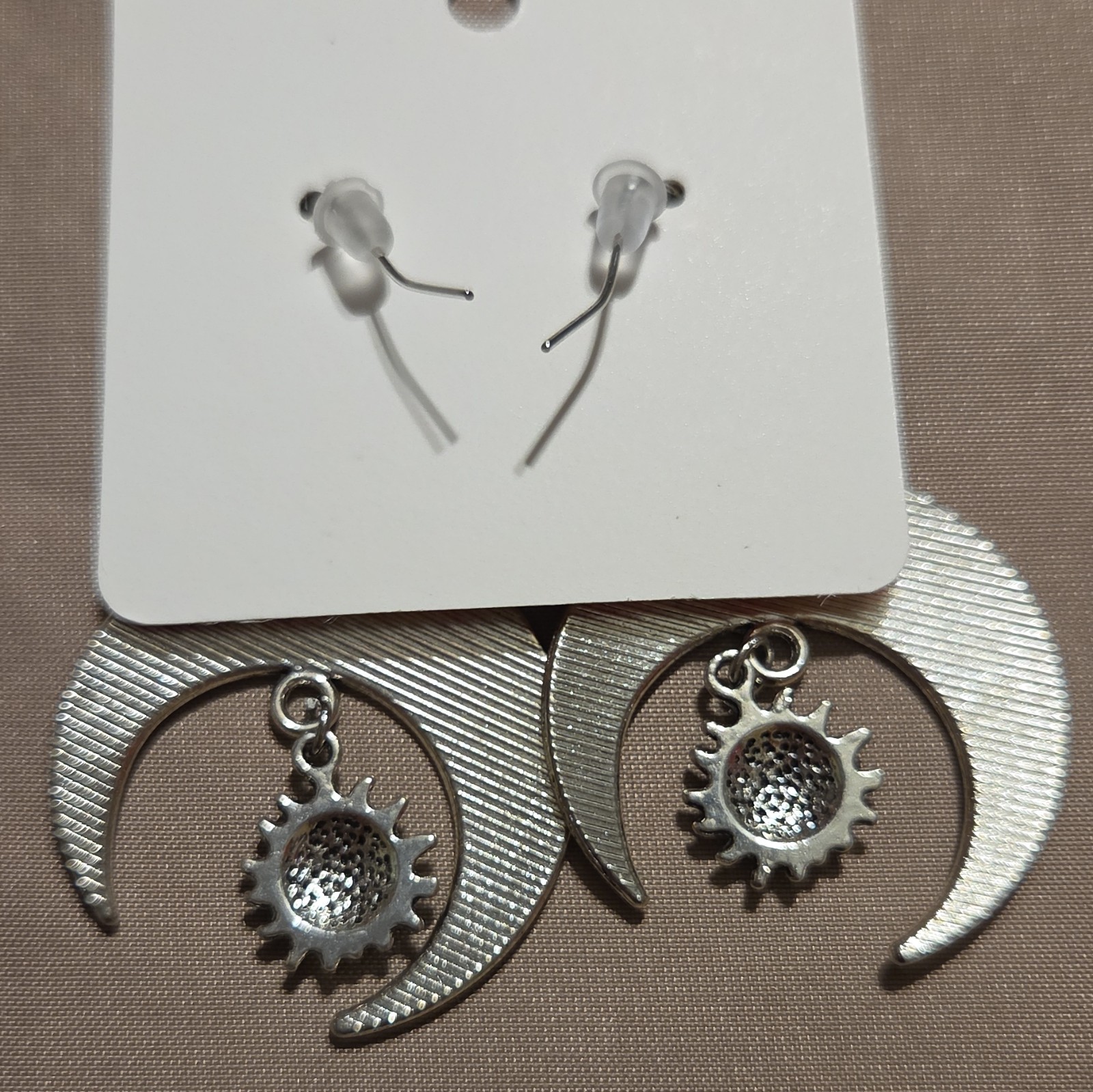 Silver Tone Metal Crescent Moon & Sun Face Dangle Drop Hook Earrings No Stone