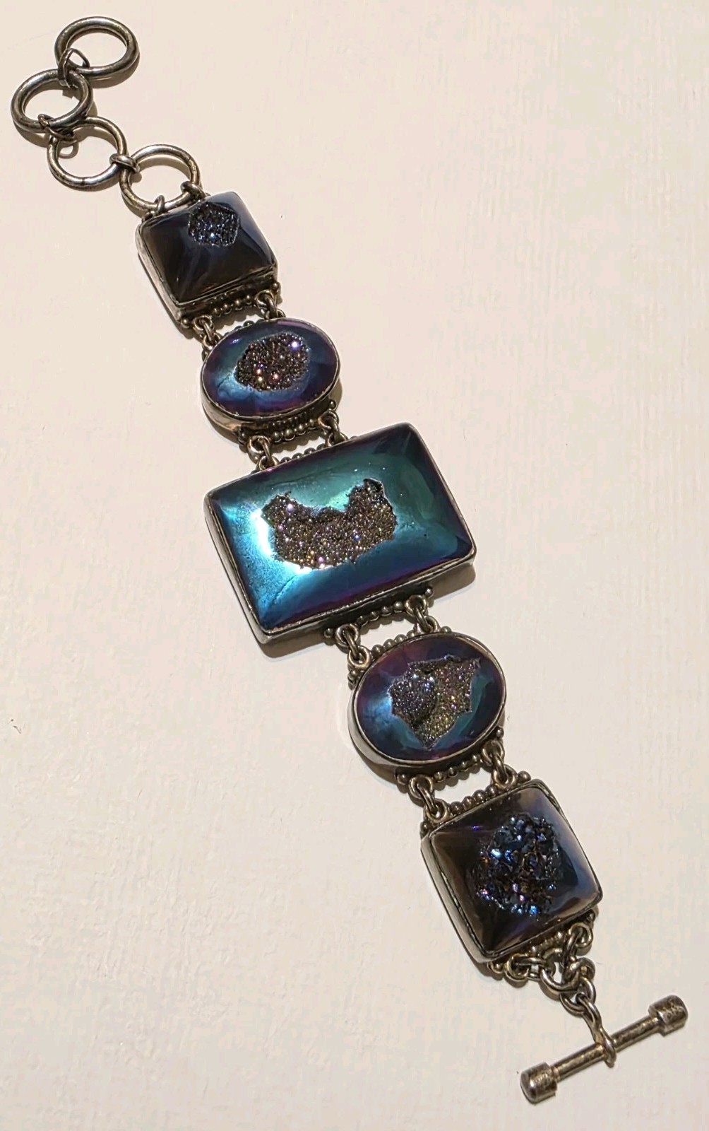 Signed SAJEN 925 Sterling Silver Chalcedony Amethyst Druzy Quartz Bracelet 45g