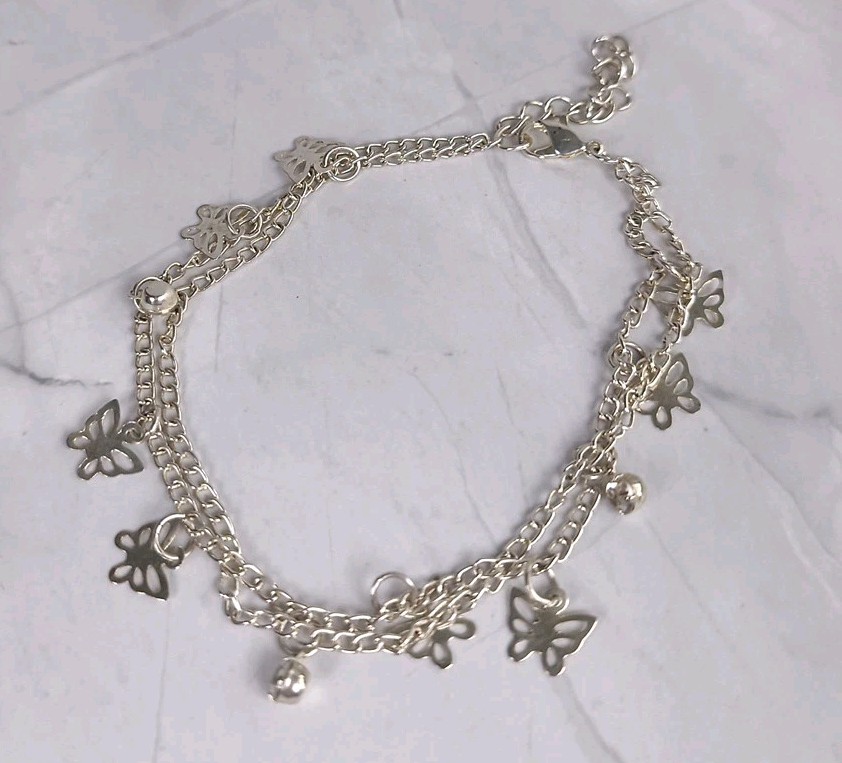 Chain Bracelet 2 Strand Silver Tone Butterfly Charms & Beads 8″+2″ Extender VGC