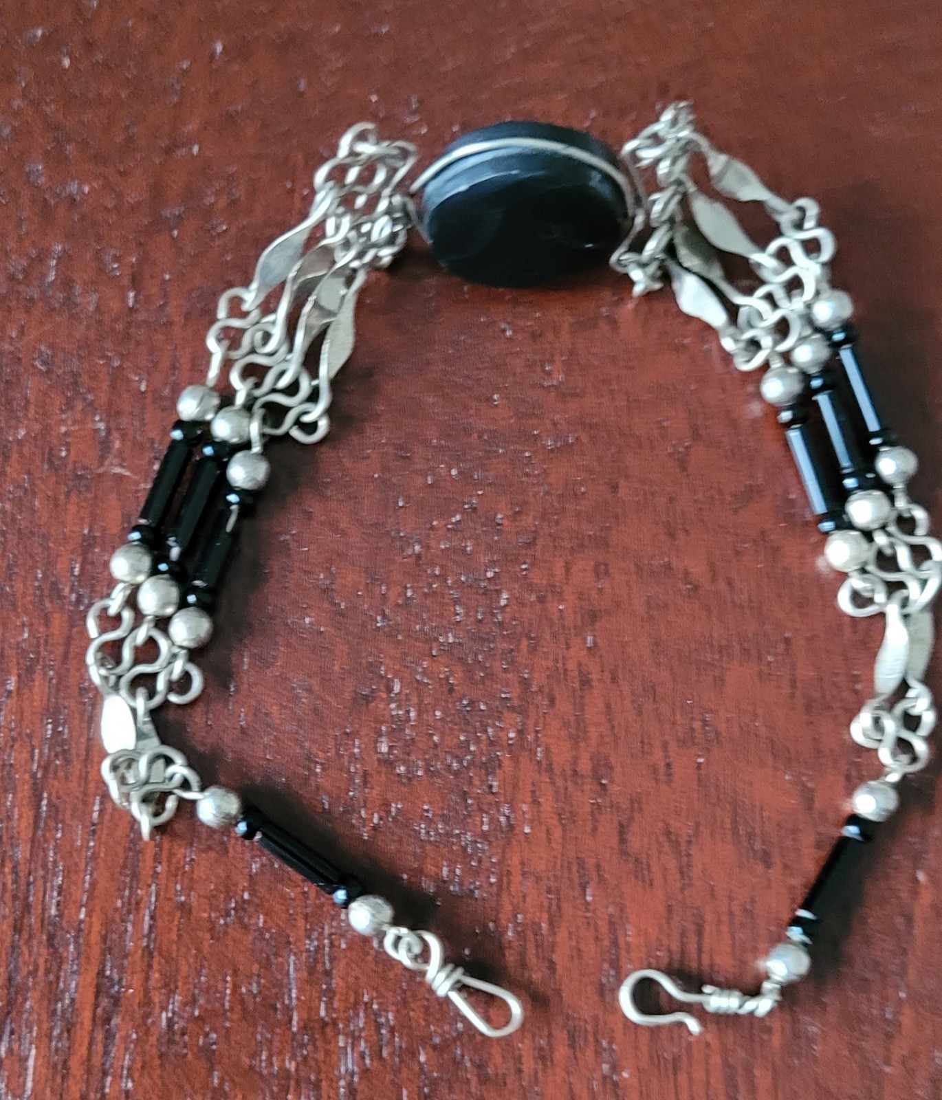 Vintage Artisan Silver & Black Stone Beaded Intricate Chain Bracelet 8.25 in