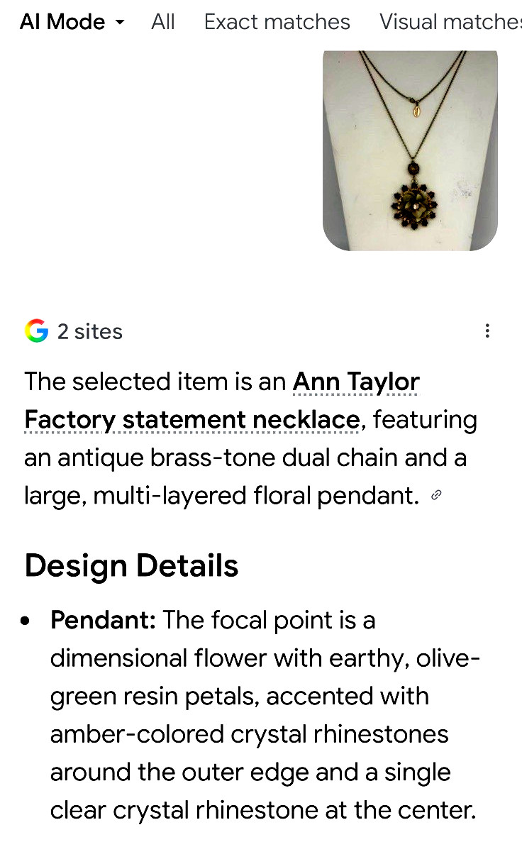 Ann Taylor 36″ Antique Gold Tone Sage Green Flower Pendant Necklace/Bracelet Set