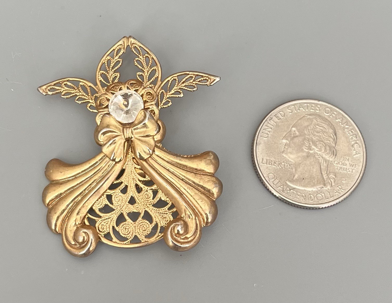 Vintage Signed JANE Angel Brooch Gold Tone-Clear Rhinestone 2” Open Cut Detail