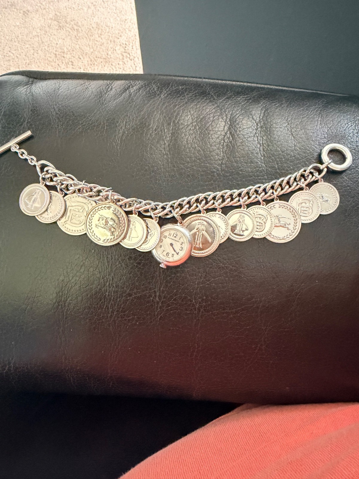 Authentic Swiss Made Burberry Lady Sterling Silver 10Charm Bracelet Watch BU5220