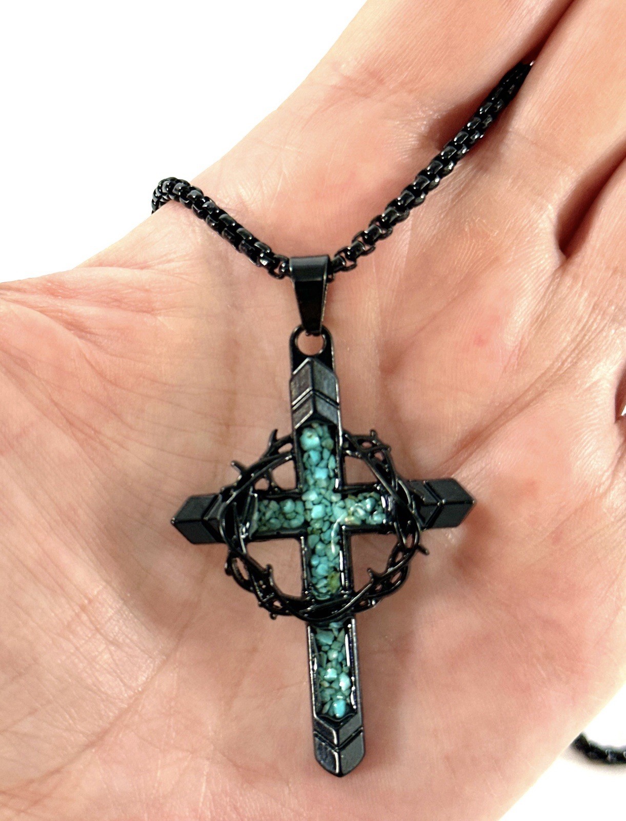 Black Cross Pendant Necklace Turquoise Inlay Crown of Thorns 24” Chain Christian