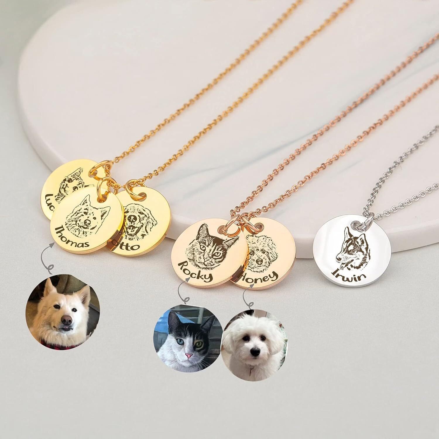 Personalized Pet Portrait Necklace ,Dog Cat Round Disc Photo Engraved Necklace