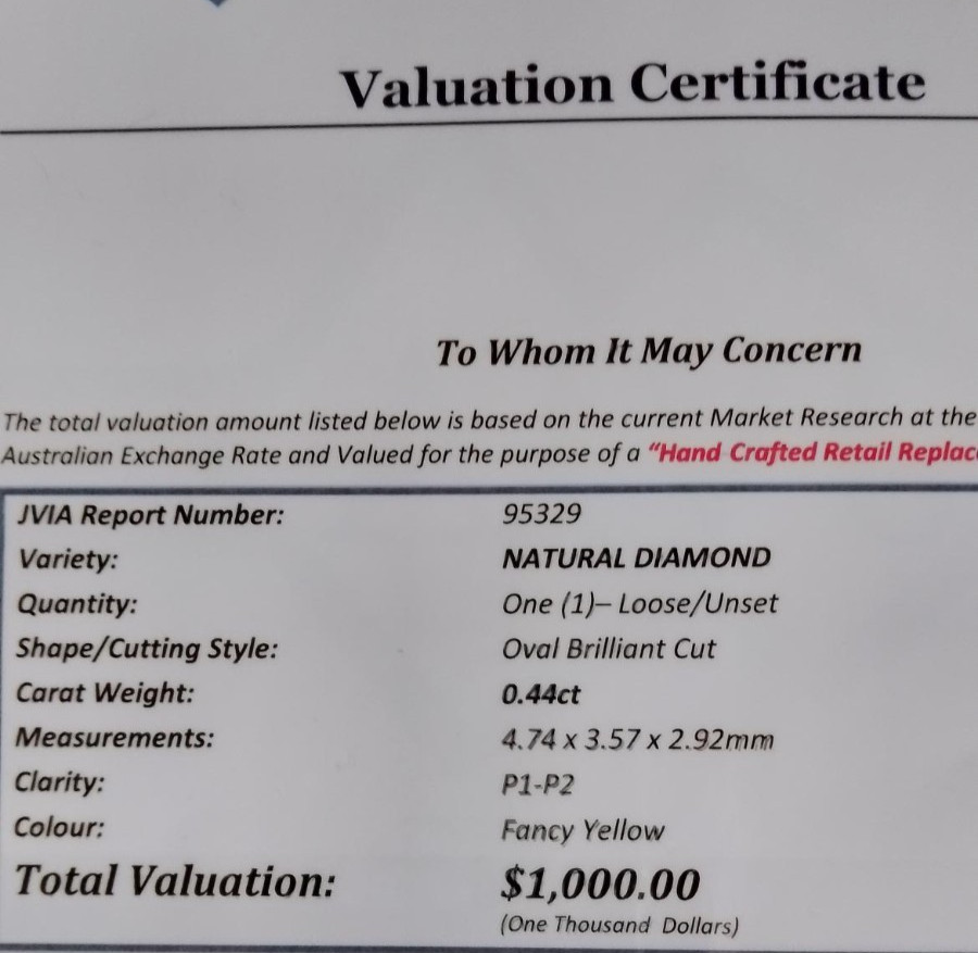 0.44ct NATURAL DIAMOND, Oval Brilliant, Fancy Yellow, Valuation Certificate