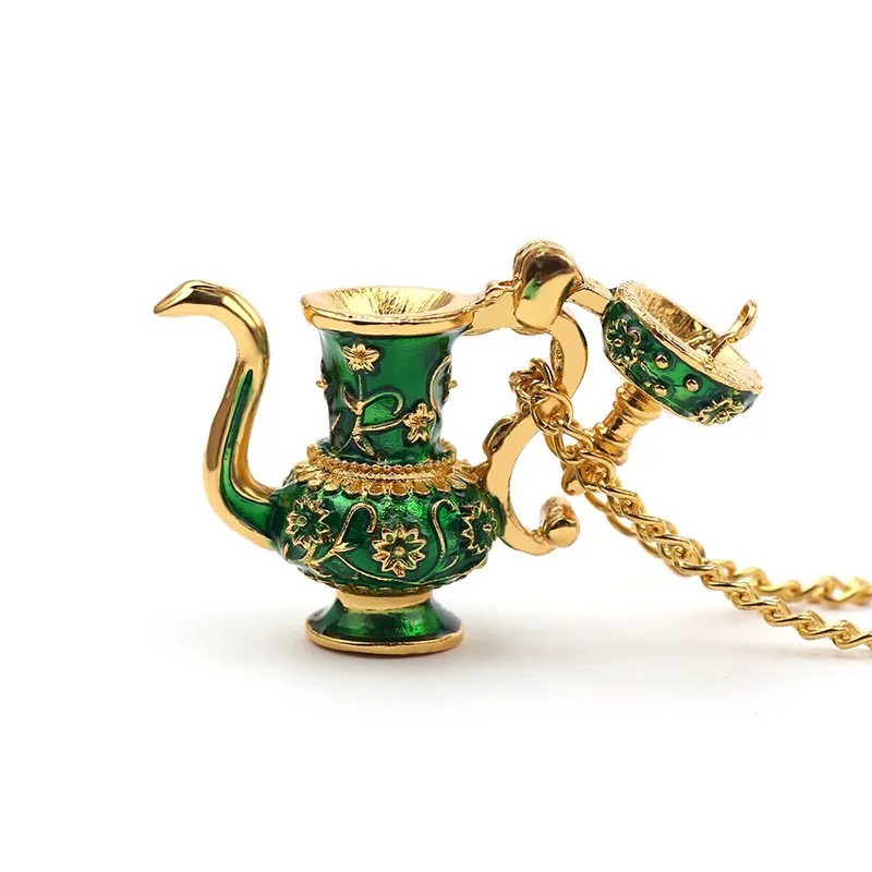 Tea Cup Necklace Gold Chain Enamel WHIMSICAL Stacked Teacups Blue Jewelry
