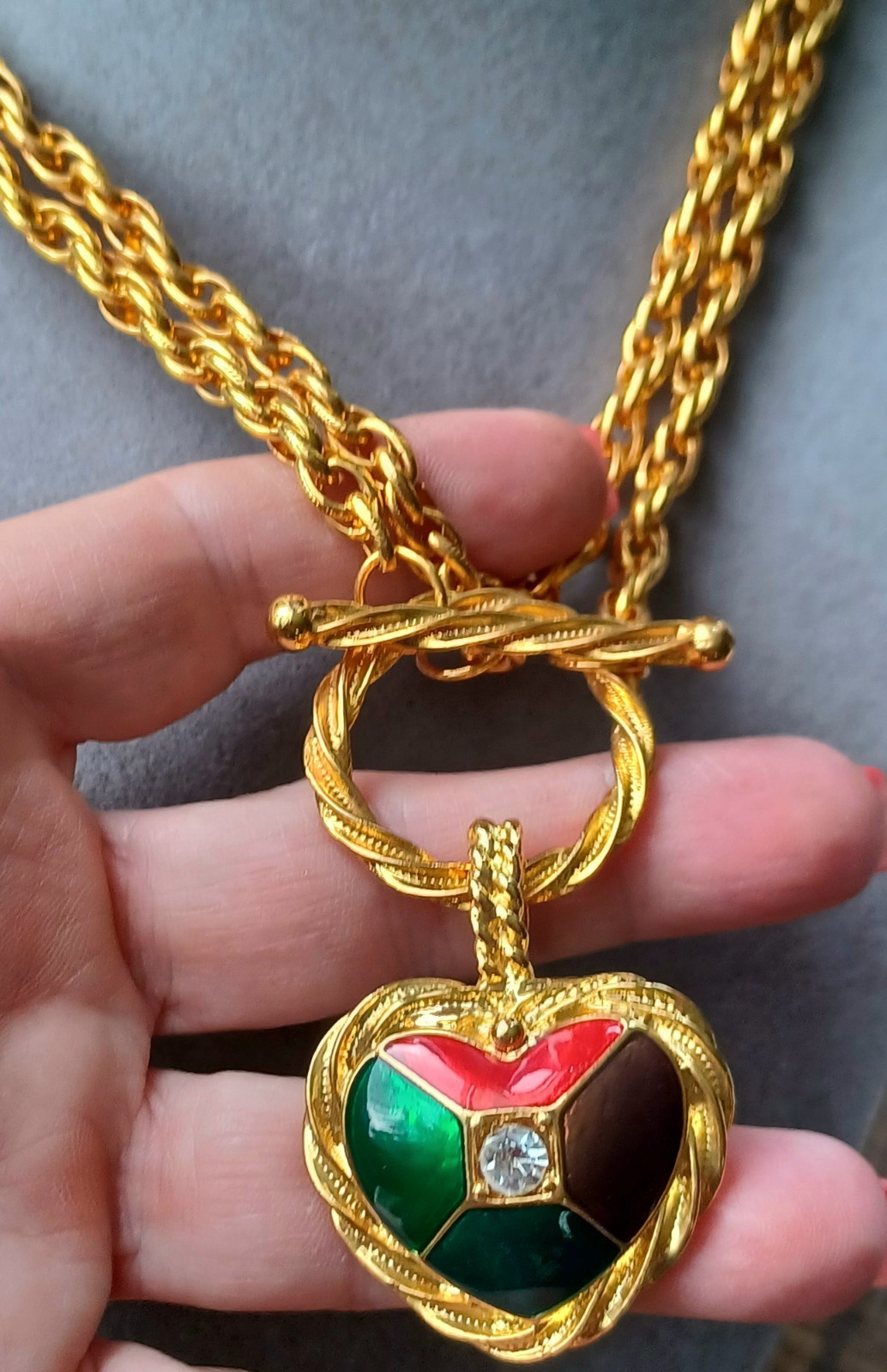 Vtg Ivana Trump Enamel Crystal Heart Pendant Goldplated Statement Necklace