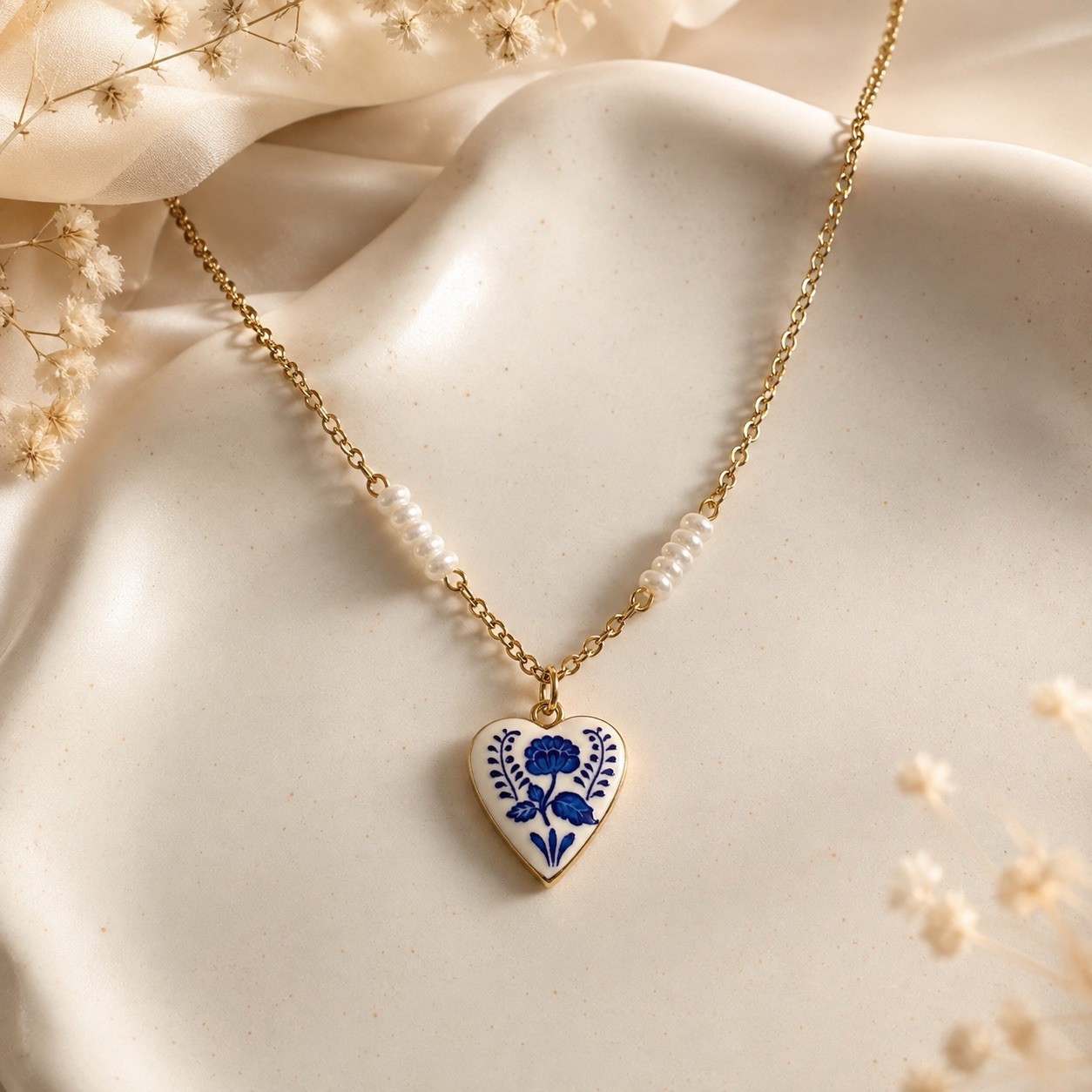 Stainless Steel Cable Chain Necklace, White Glass Beads, Blue Heart Charm, 16in