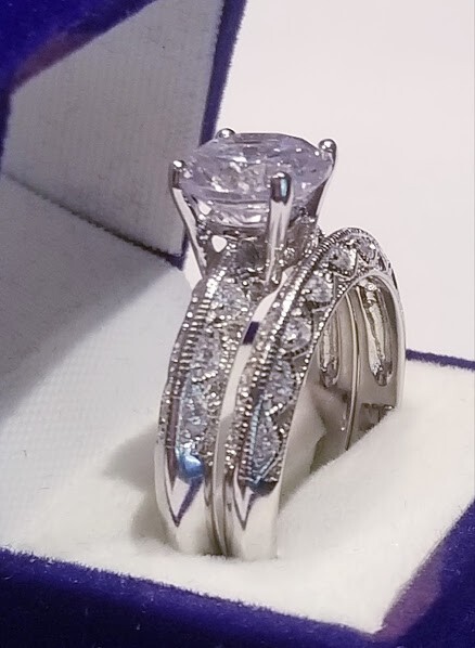 Luxury Art Deco Style 3Ctw Round Cut Created Diamond Silver Wedding Ring Set 2pc