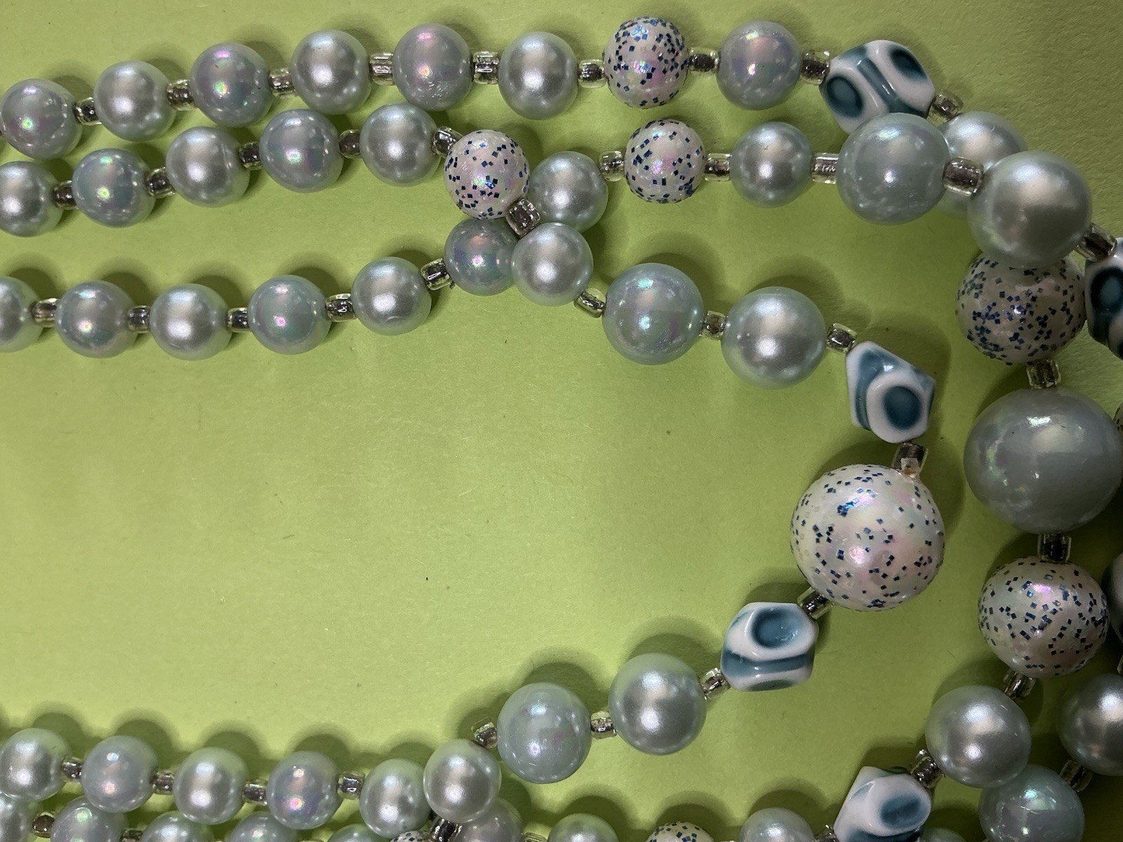 Gray Blue beads Multi Strand Beaded Necklace Glass Beads Silver Tone Hook