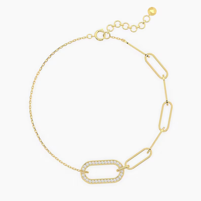 Paperclip Chain Link Statement Bracelet Round Moissanite 14K Yellow Gold Plated