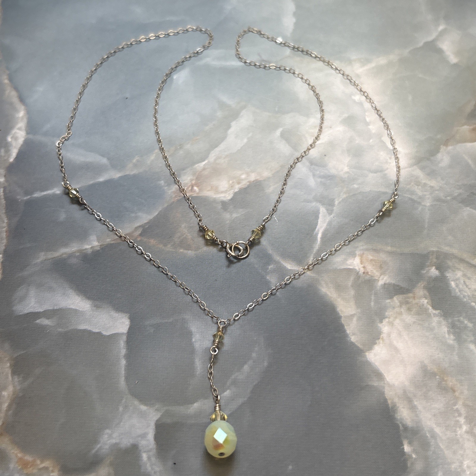 Sterling Silver 925 Y Drop Lariat Necklace Yellow AB Faceted Crystal Pendant
