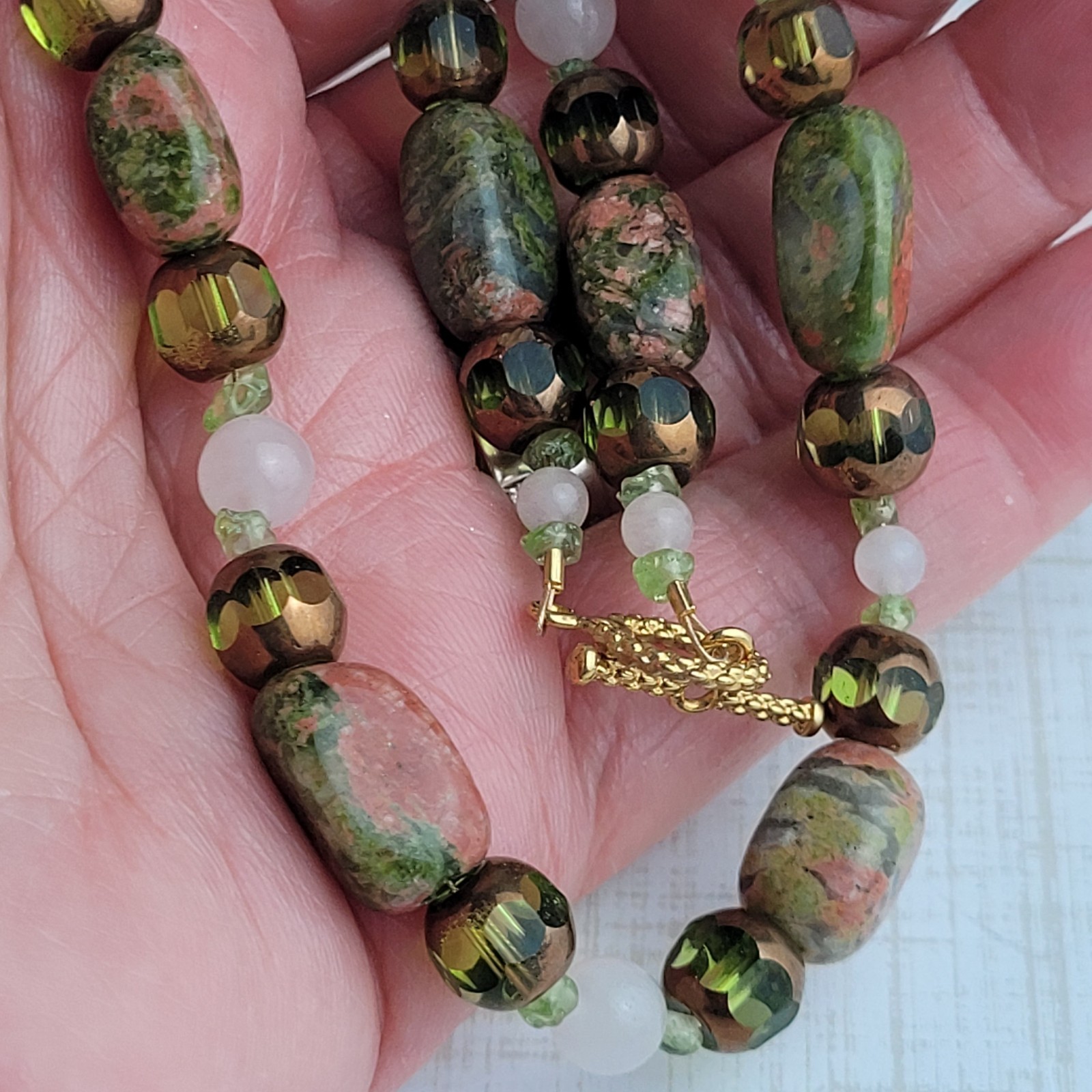 Green and Adobe Pink Color Stone Glass Bead Necklace 17″ Artisan Made