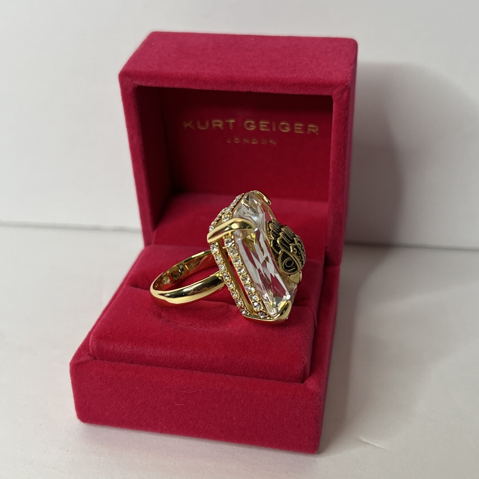 Kurt Geiger London Gold Tone Eagle Head Crystal Statement Cocktail Ring Sz 7 New