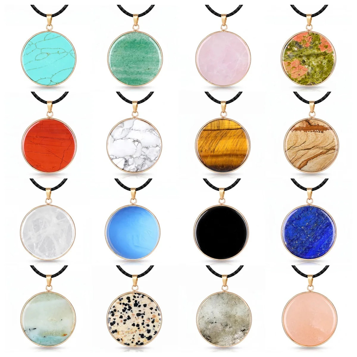 6PCS 30mm Round Natural Gemstone Pendant Necklace Gold Healing Crystal