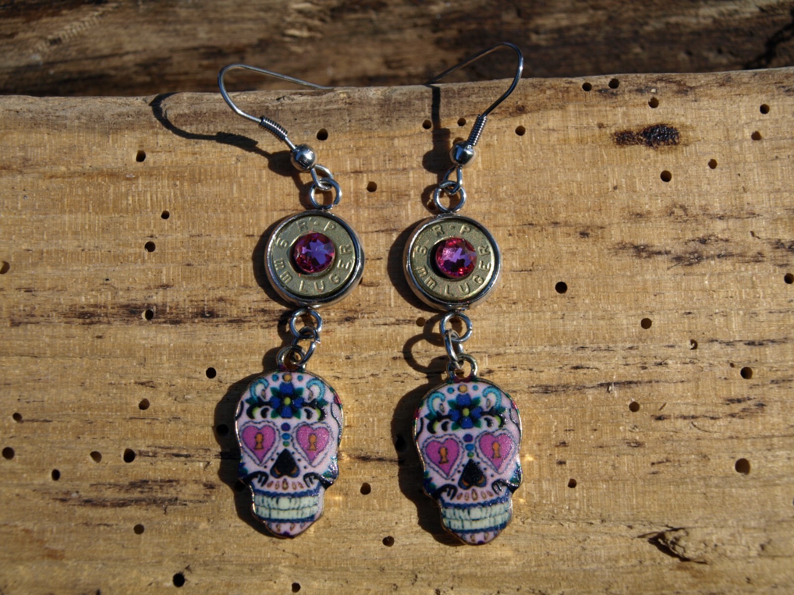 Stainless Steel Bullet Earrings with Pink Sugar Skull Charms. Optional Crystals.