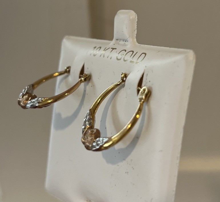 10K Yellow White Rose Gold Petite Hoop Earrings Floral Design Made Bolivia VTG