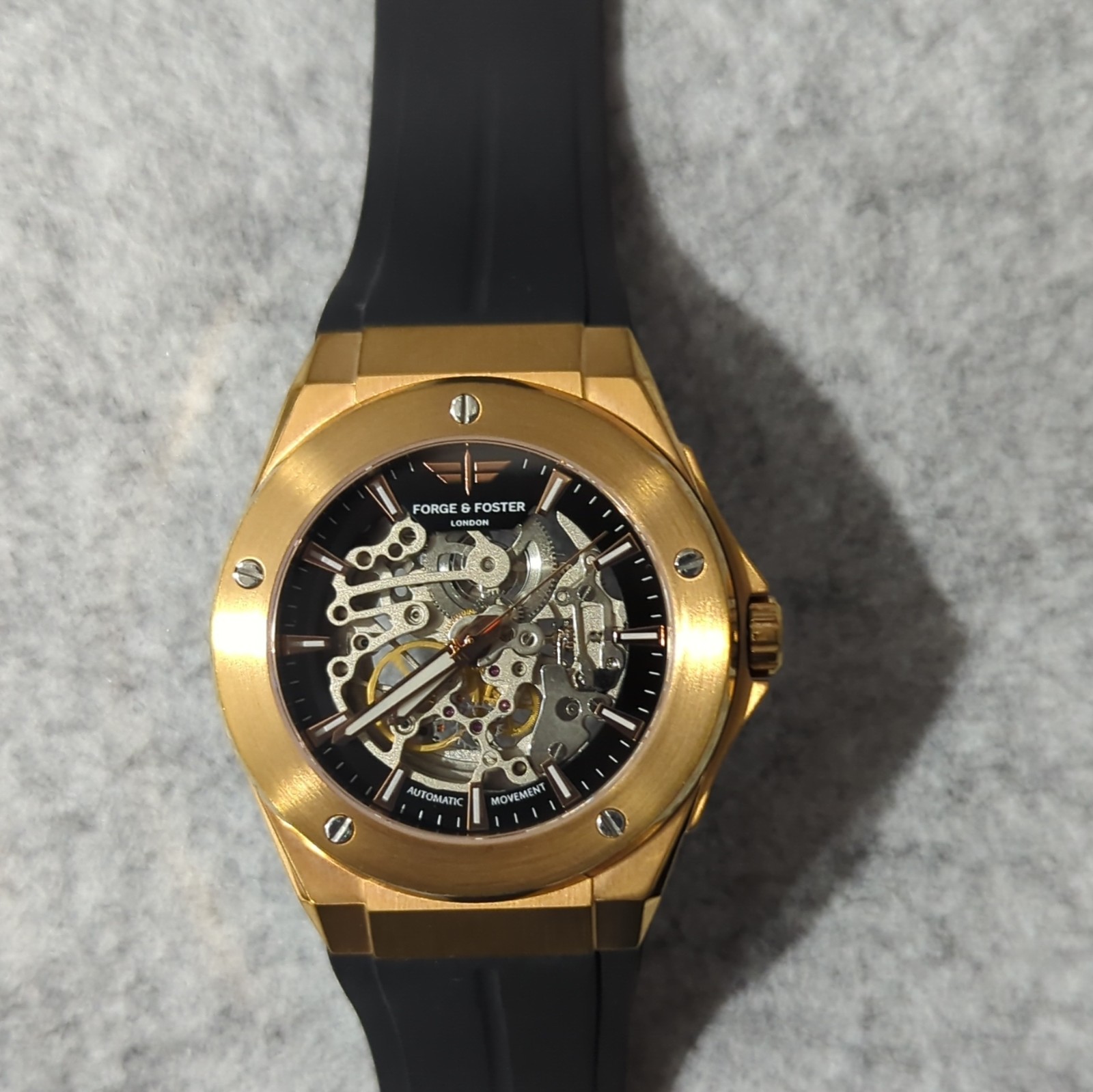 Forge & Foster London Automatic Skeleton Dial Gold Case Black Rubber Strap