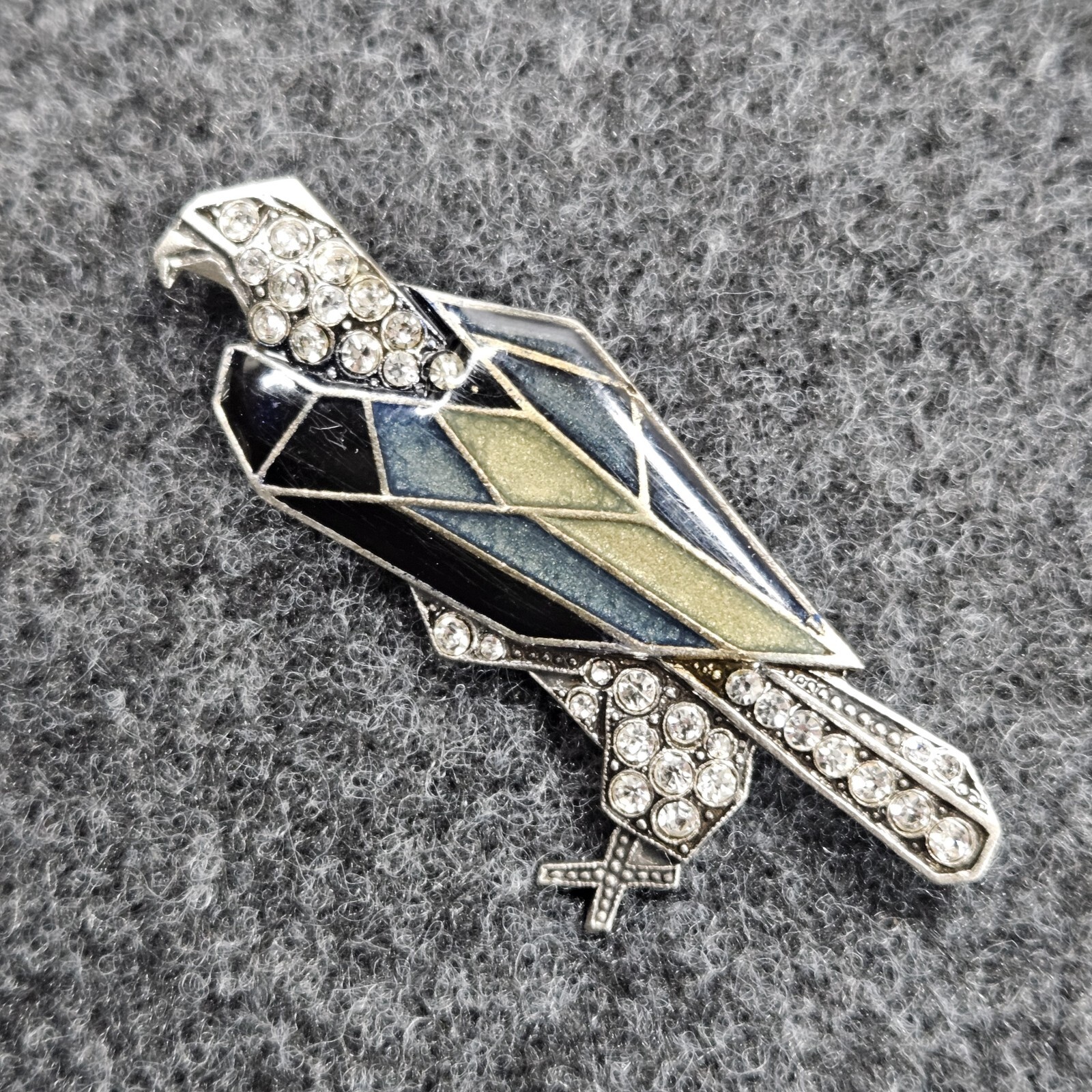 Art Nouveau Rhinestone EAGLE Brooch Pin Black Gray Yellow Enamel Silver Tone