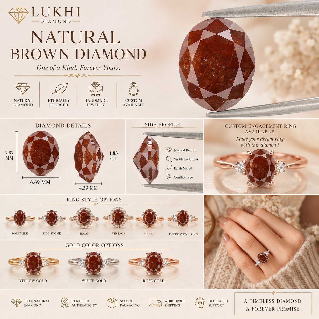 1.83 CT Natural Loose Oval Shape Diamond 8.00 MM Brown Color Oval Diamond L3639