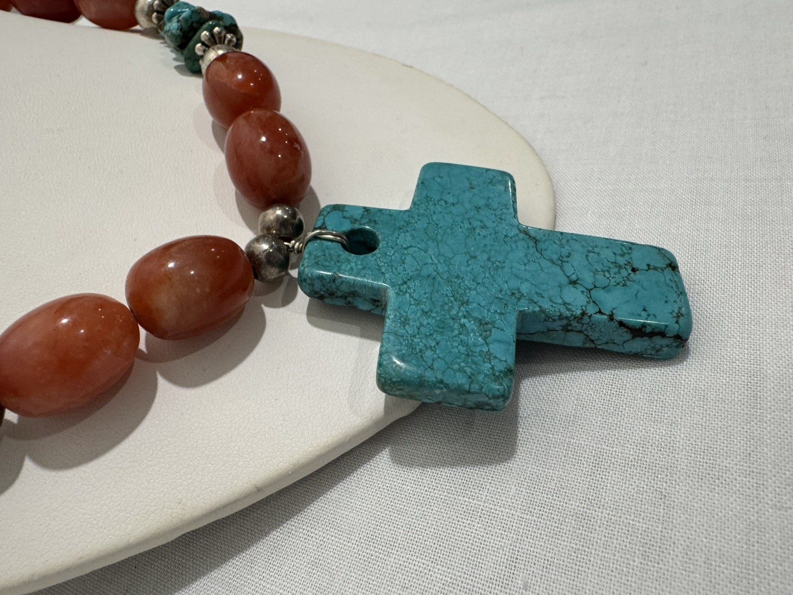Solid Turquoise Cross Necklace Coral and Sterling Nuggets Heishi Beads 22″ 114 g