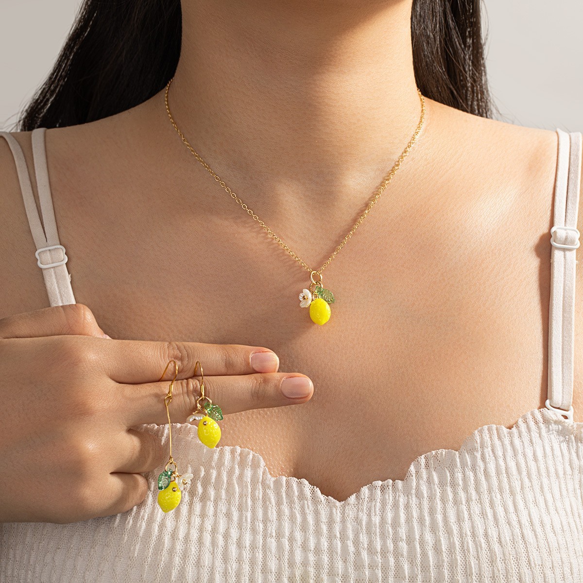 Fashionable New-style Fresh And Sweet Fruit Lemon Flower And Leaf Pendant