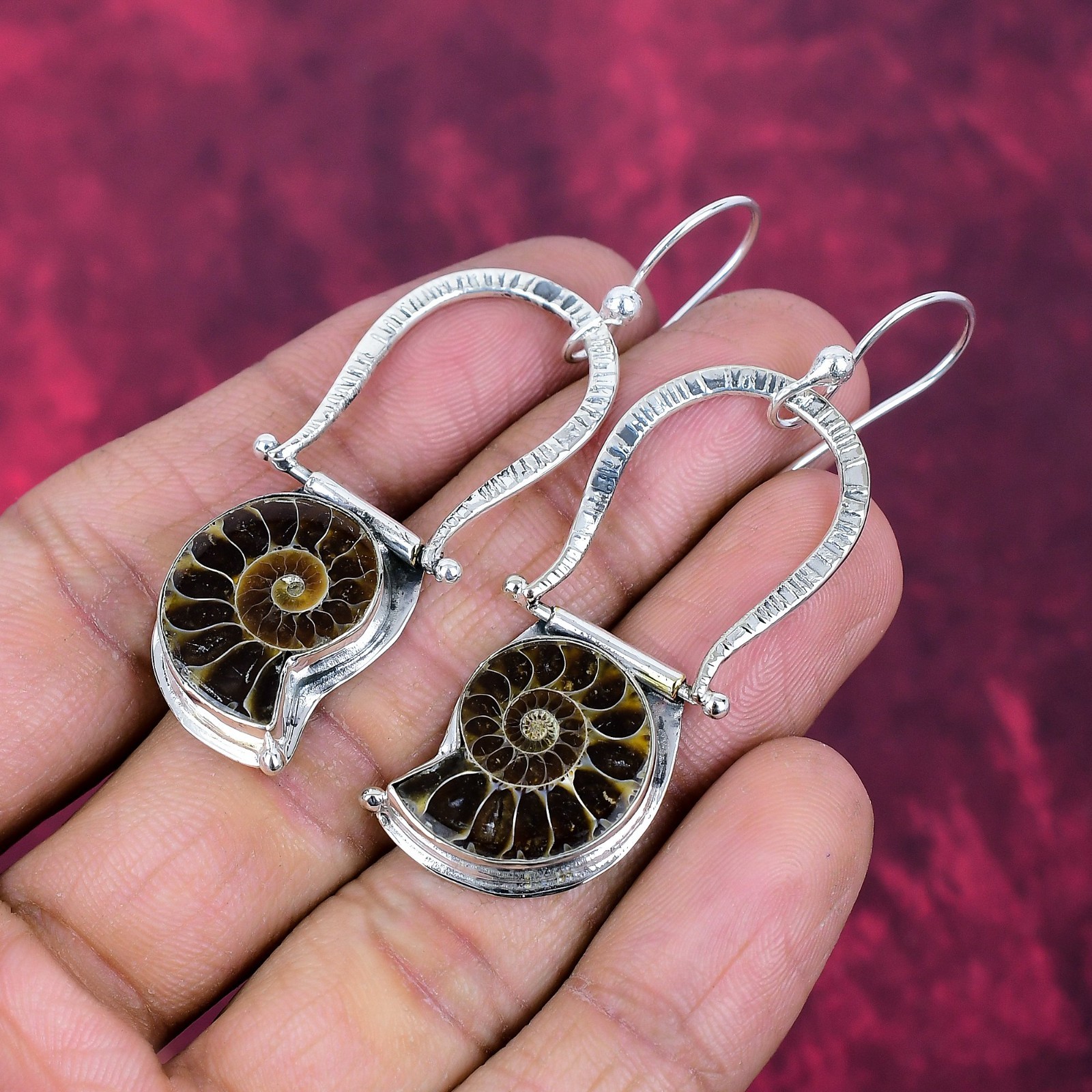 Ammonite Fossil Gemstone 925 Sterling Silver Handmade Bohemian Jewelry Earrings