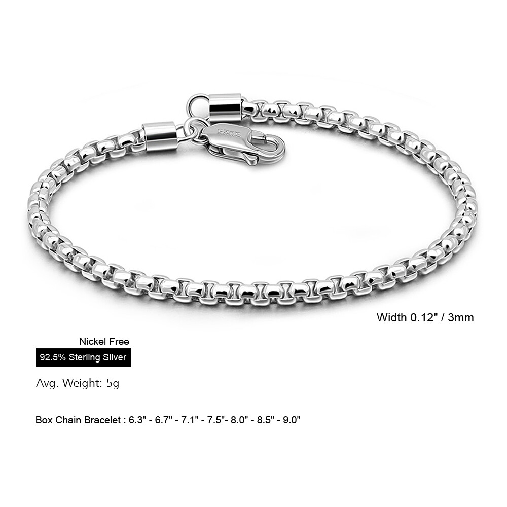 Solid 925 Sterling Silver Lobster Clasp Round Box Chain Bracelet for Women Men
