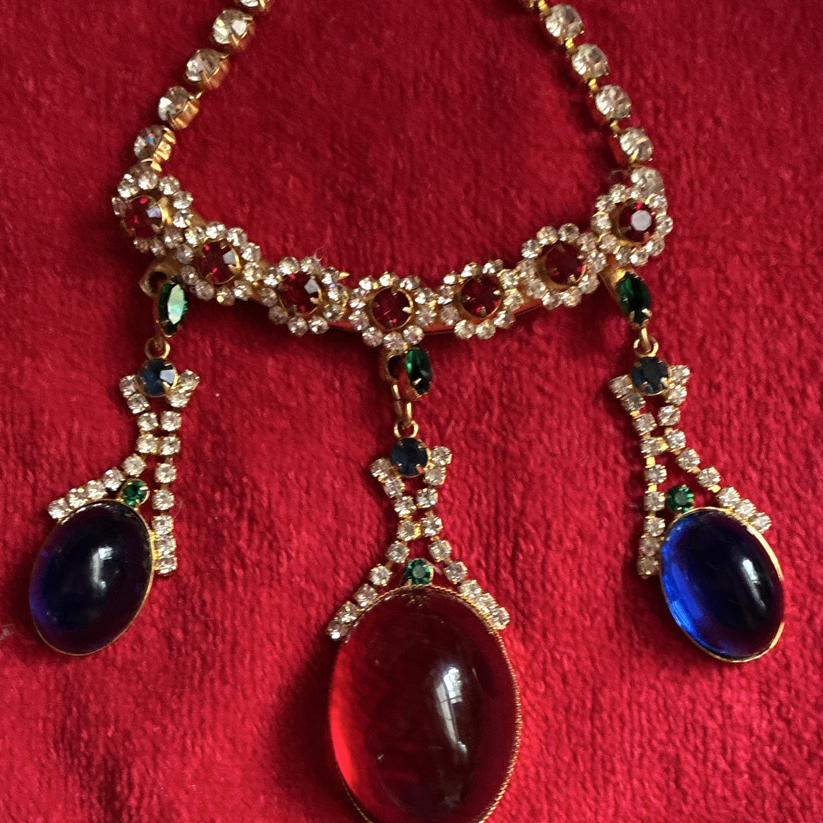 Lucite Red Purple Blue, Vintage 1950s Necklace & Drop Earrings Multicolor set