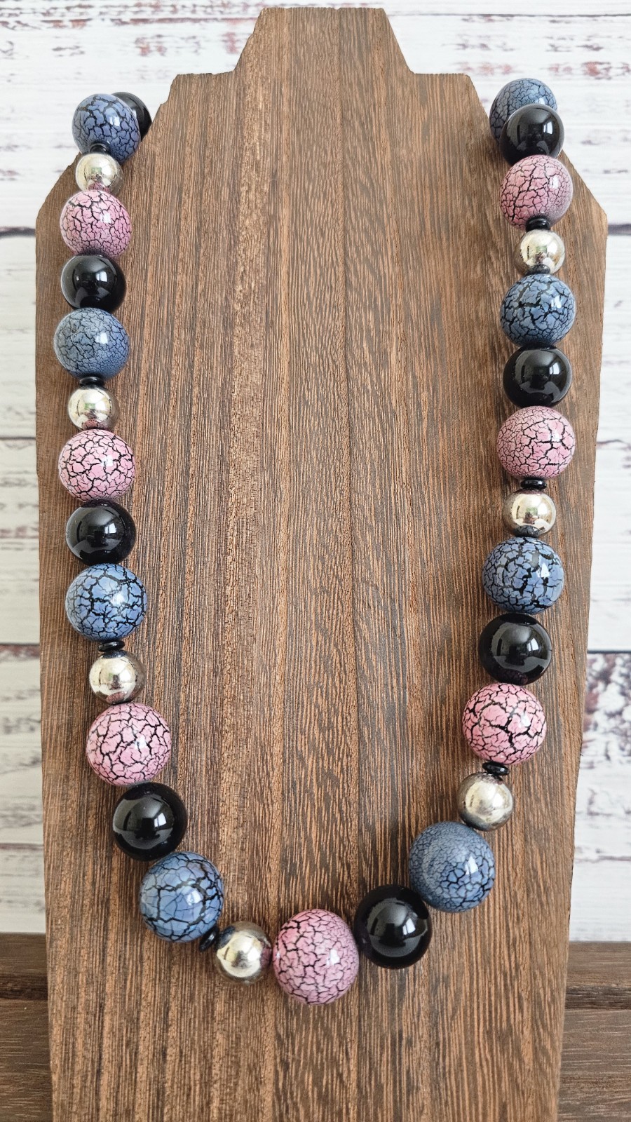 Vintage Japan Pink Blue Crackle Bead Black Glass Necklace 31″ 1950s-70s