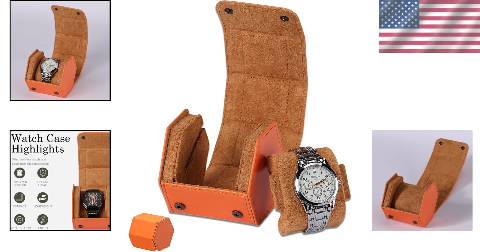 Orange Leather Watch Travel Case with Removable Cushions – Gift Ready