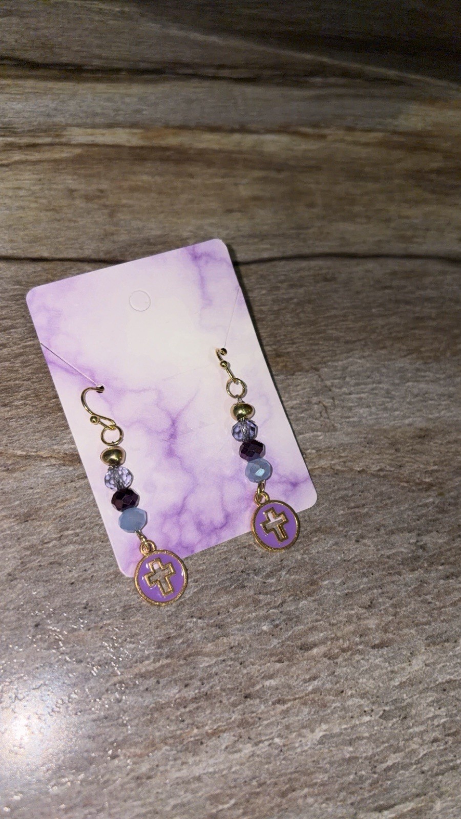 Handcrafted Purple Gold Beaded Cross Charm Dangle Earrings Glass Metal Religious