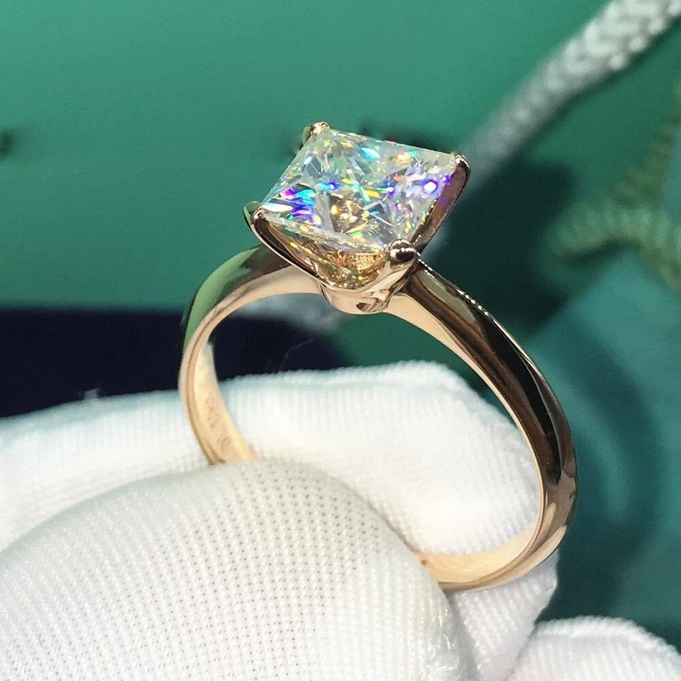 Princess Cut 2 Ct Lab Created Moissanite Solitaire Ring 14K Yellow Gold Plated