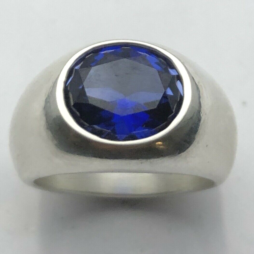 MJG STERLING SILVER MEN’S RING. 12 X 10mm FACETED LAB BLUE SAPPHIRE. SZ 9 3/4