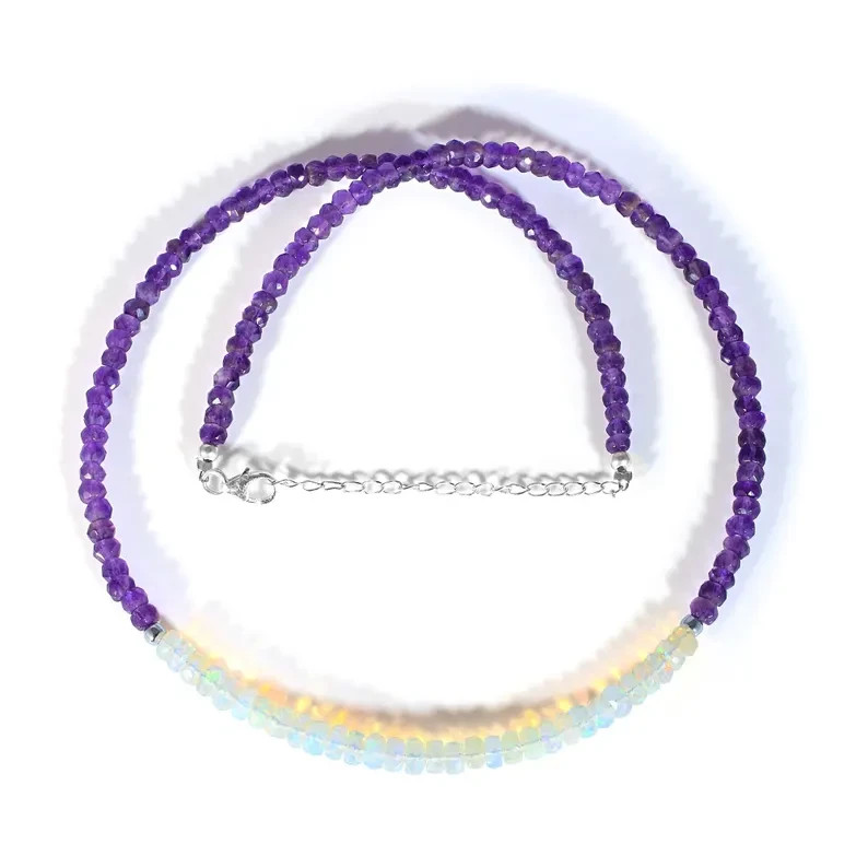 Handmade Natural Welo Fire Opal & Amethyst Beaded Necklace 925 Silver 18″ Gift