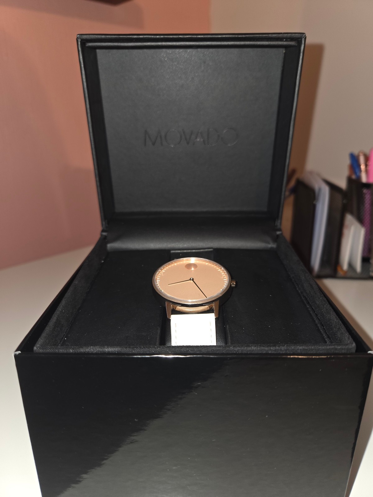 Movado Face | 41mm Rose Gold Stainless Steel Case, Ivory Dial, Leather strap