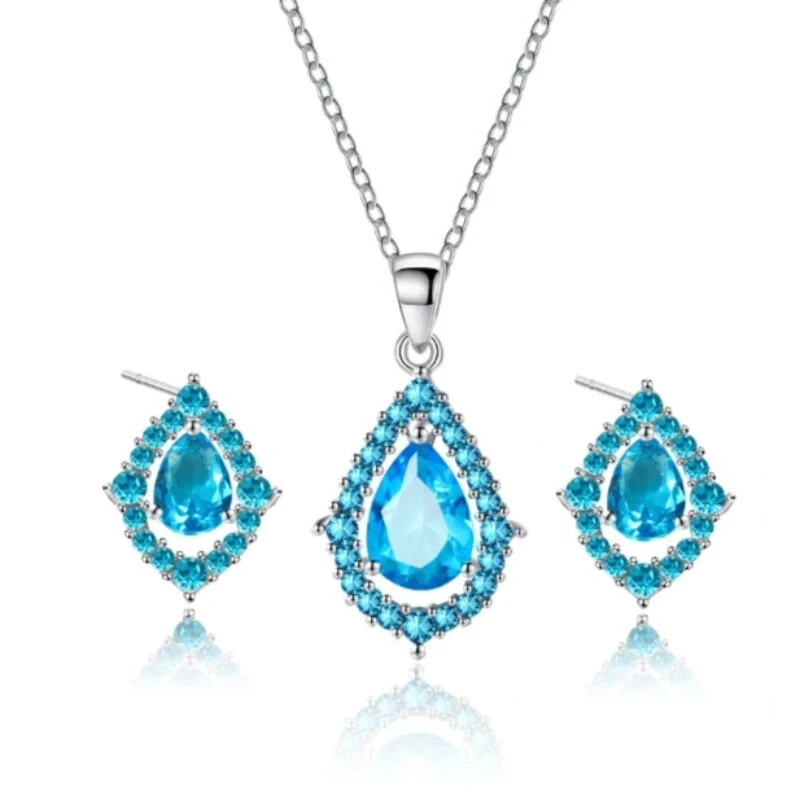14K White Gold Plated Ring Necklace Earring Set Pear Cut Lab Created Blue Topaz