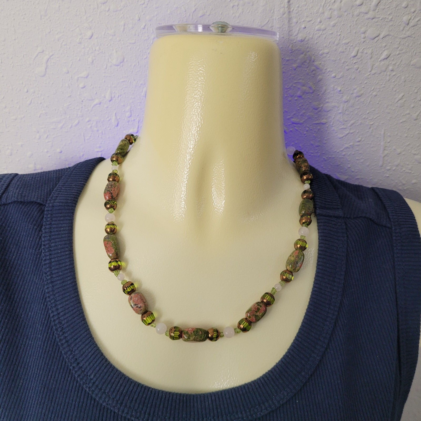 Green and Adobe Pink Color Stone Glass Bead Necklace 17″ Artisan Made