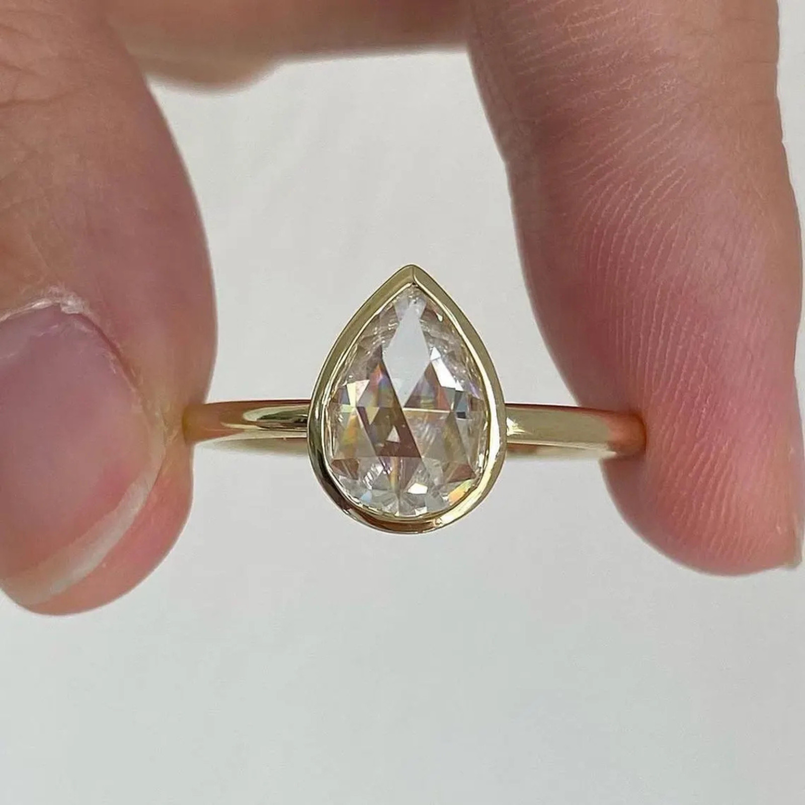 1.50 Carat Pear Rose Cut Bezel Lab Grown Diamond Solitaire Engagement Ring