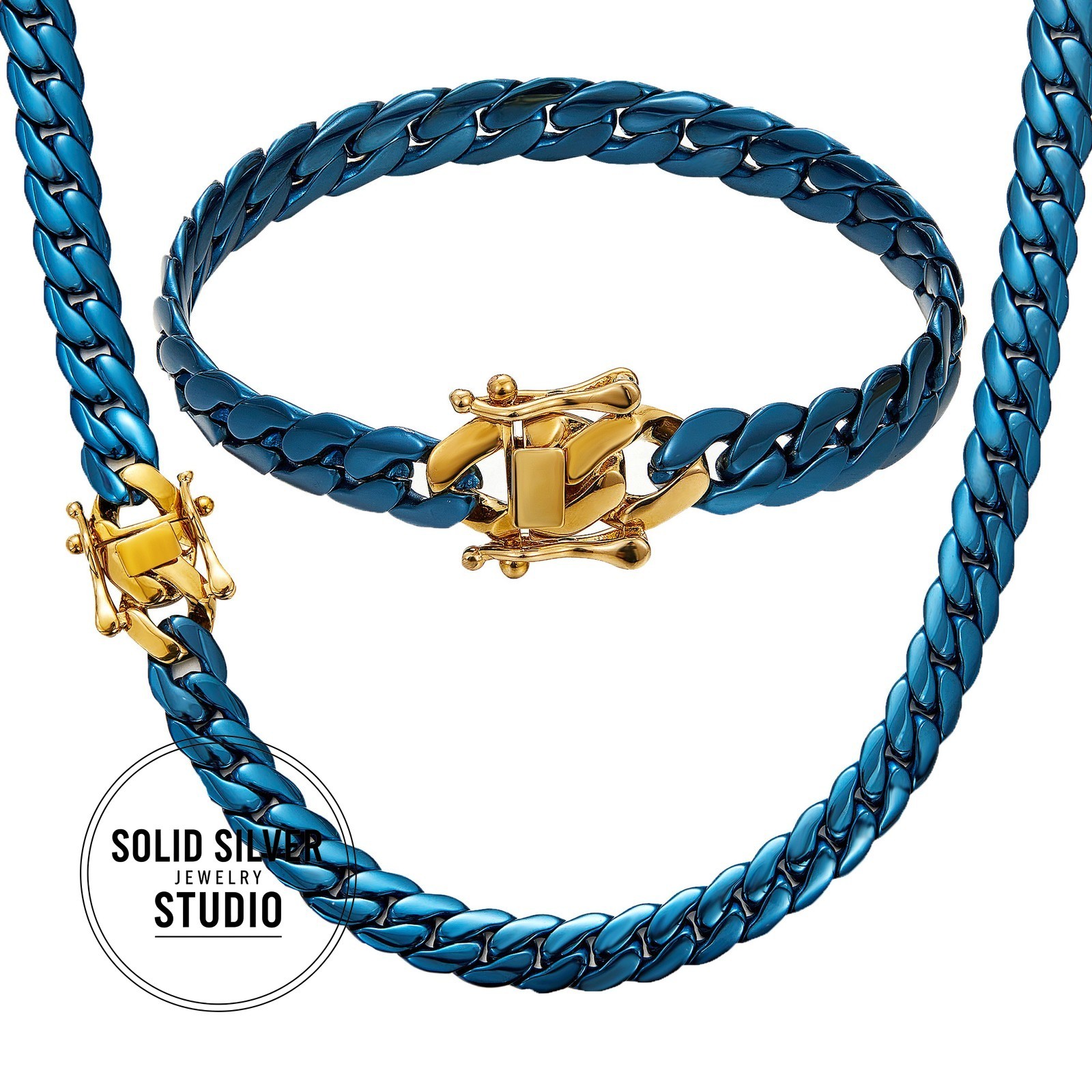 Blue & Gold Cuban Link Necklace or Bracelet Stainless Steel Chain Men’s Gift
