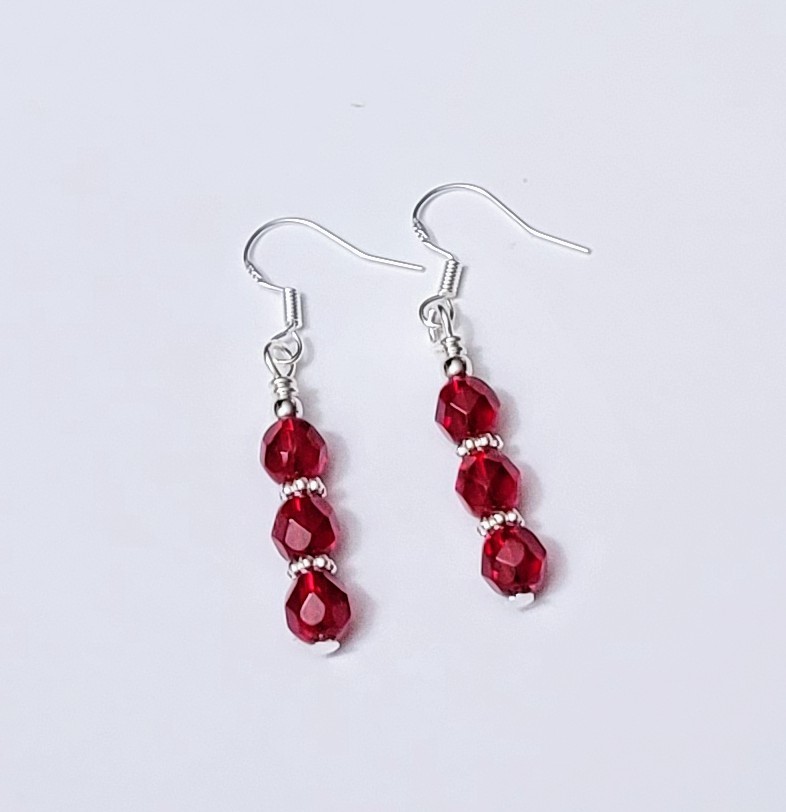Garnet Red Earrings Czech Glass January Birthstone Sterling Silver Ear Wires