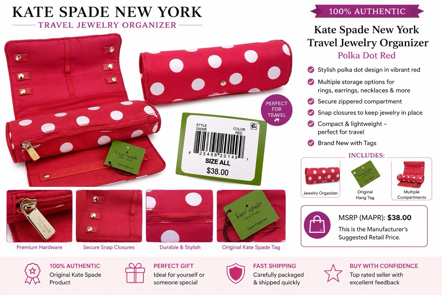 Kate Spade New York Travel Jewelry Organizer Red Polka Dot Roll Case NWT